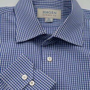 PRISTINE $225 Hagen of Carmel Calif Blue Gingham Check Cotton Dress Shirt 16x34